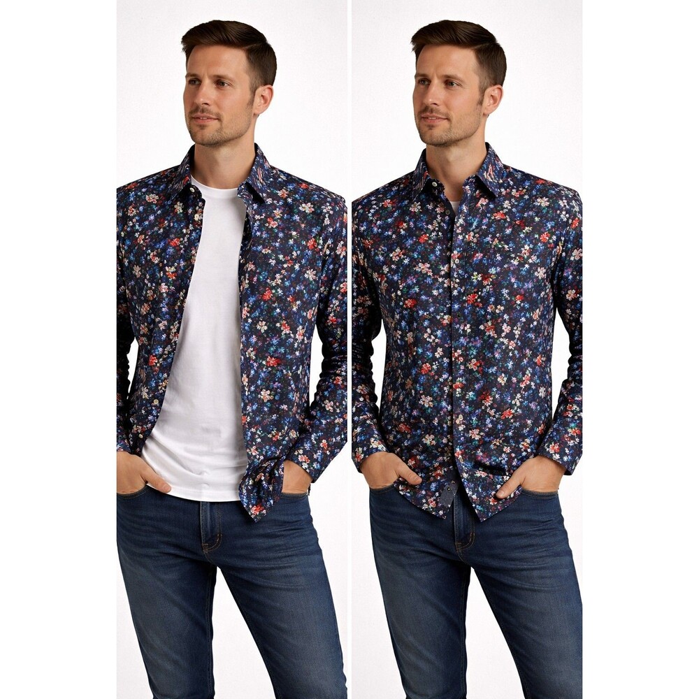 Kurt River Men's Floral Button-Up Shirt Long Sleeve Classic Fit Cotton Size M